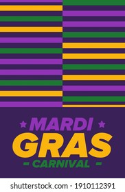 Mardi Gras Carnival in New Orleans. Fat Tuesday. Traditional holiday, celebration annual. Folk festival, costume masquerade, fun party. Carnival mask. Poster, card, banner and background. Vector