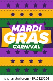 Mardi Gras Karneval in New Orleans. Fett Dienstag. Traditioneller Urlaub, Feiern Sie jährlich. Folklorefestival, Kostümmasquerade, Funchparty. Karnevalsmaske. Poster, Karte, Banner und Hintergrund. Vektorgrafik