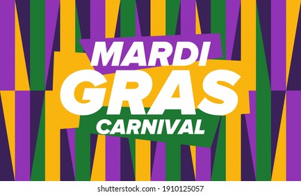 Mardi Gras Karneval in New Orleans. Fett Dienstag. Traditioneller Urlaub, Feiern Sie jährlich. Folklorefestival, Kostümmasquerade, Funchparty. Karnevalsmaske. Poster, Karte, Banner und Hintergrund. Vektorgrafik