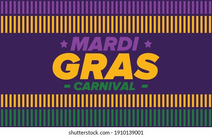 Mardi Gras Carnival in New Orleans. Fat Tuesday. Traditional holiday, celebration annual. Folk festival, costume masquerade, fun party. Carnival mask. Poster, card, banner and background. Vector