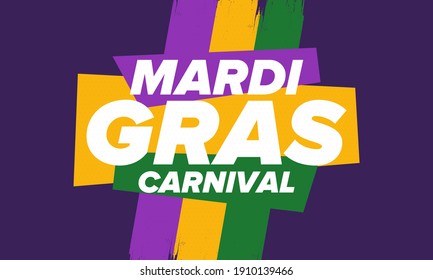 Mardi Gras Carnival in New Orleans. Fat Tuesday. Traditional holiday, celebration annual. Folk festival, costume masquerade, fun party. Carnival mask. Poster, card, banner and background. Vector