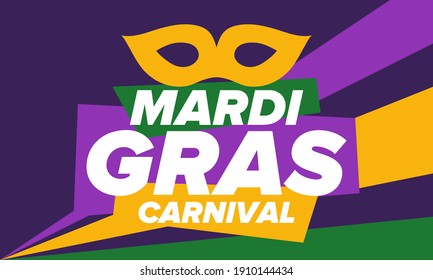 Mardi Gras Carnival in New Orleans. Fat Tuesday. Traditional holiday, celebration annual. Folk festival, costume masquerade, fun party. Carnival mask. Poster, card, banner and background. Vector