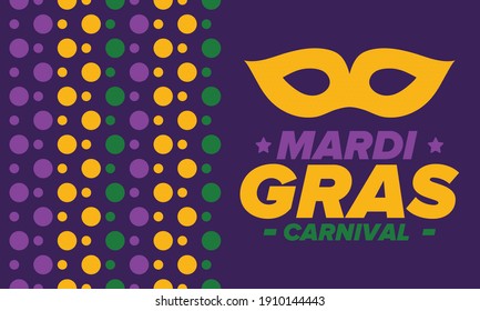 Mardi Gras Carnival In New Orleans. Fat Tuesday. Traditional Holiday, Celebration Annual. Folk Festival, Costume Masquerade, Fun Party. Carnival Mask. Poster, Card, Banner And Background. Vector