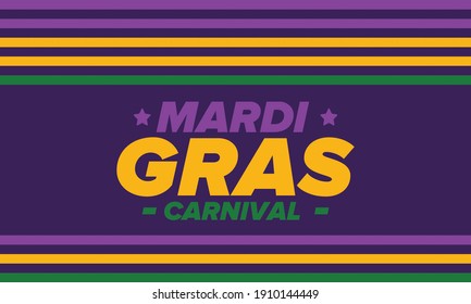 Mardi Gras Carnival in New Orleans. Fat Tuesday. Traditional holiday, celebration annual. Folk festival, costume masquerade, fun party. Carnival mask. Poster, card, banner and background. Vector