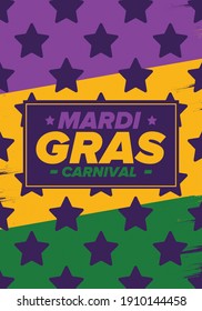 Mardi Gras Carnival in New Orleans. Fat Tuesday. Traditional holiday, celebration annual. Folk festival, costume masquerade, fun party. Carnival mask. Poster, card, banner and background. Vector