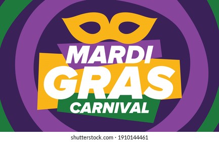 Mardi Gras Carnival in New Orleans. Fat Tuesday. Traditional holiday, celebration annual. Folk festival, costume masquerade, fun party. Carnival mask. Poster, card, banner and background. Vector