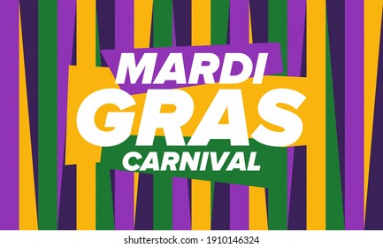 Mardi Gras Carnival in New Orleans. Fat Tuesday. Traditional holiday, celebration annual. Folk festival, costume masquerade, fun party. Carnival mask. Poster, card, banner and background. Vector