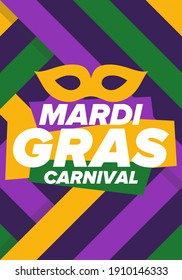 Mardi Gras Karneval in New Orleans. Fett Dienstag. Traditioneller Urlaub, Feiern Sie jährlich. Folklorefestival, Kostümmasquerade, Funchparty. Karnevalsmaske. Poster, Karte, Banner und Hintergrund. Vektorgrafik