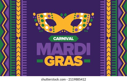 Mardi Gras Carnival in New Orleans. Fat Tuesday. Traditional folk festival with parade and celebration. Annual holiday. Costume masquerade, fun party. Carnival mask. Poster, card, banner. Vector