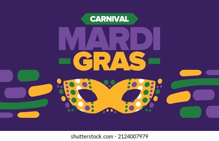 Mardi Gras Carnival in New Orleans. Fat Tuesday. Traditional folk festival with parade and celebration. Annual holiday. Costume masquerade, fun party. Carnival mask. Poster, card, banner. Vector