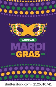 Carnaval de Mardi Gras en Nueva Orleans. Martes gordo. Festival folclórico tradicional con desfile y celebración. Vacaciones anuales. Disfraces de máscaras, fiesta divertida. Máscara de carnaval. Cartel, tarjeta, pancarta. Vector