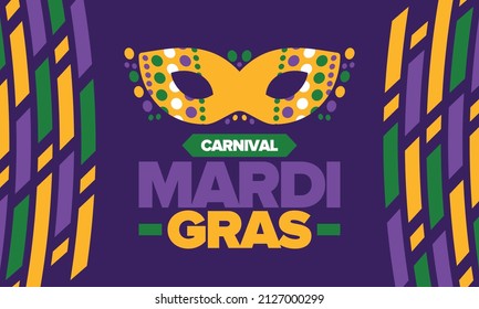 Mardi Gras Carnival in New Orleans. Fat Tuesday. Traditional folk festival with parade and celebration. Annual holiday. Costume masquerade, fun party. Carnival mask. Poster, card, banner. Vector