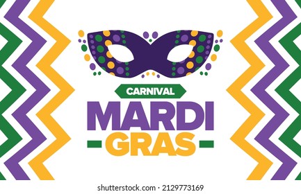 Mardi Gras Carnival in New Orleans. Fat Tuesday. Traditional folk festival with parade and celebration. Annual holiday. Costume masquerade, fun party. Carnival mask. Poster, card, banner. Vector