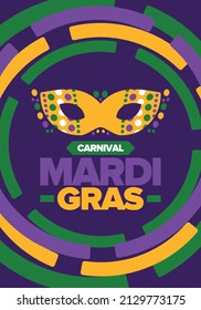 Mardi Gras Carnival in New Orleans. Fat Tuesday. Traditional folk festival with parade and celebration. Annual holiday. Costume masquerade, fun party. Carnival mask. Poster, card, banner. Vector