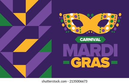 Mardi Gras Carnival in New Orleans. Fat Tuesday. Traditional folk festival with parade and celebration. Annual holiday. Costume masquerade, fun party. Carnival mask. Poster, card, banner. Vector