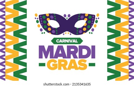 Mardi Gras Carnival in New Orleans. Fat Tuesday. Traditional folk festival with parade and celebration. Annual holiday. Costume masquerade, fun party. Carnival mask. Poster, card, banner. Vector