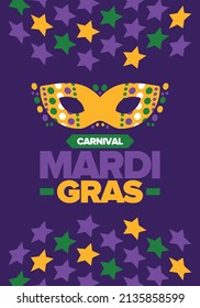 Mardi Gras Carnival in New Orleans. Fat Tuesday. Traditional folk festival with parade and celebration. Annual holiday. Costume masquerade, fun party. Carnival mask. Poster, card, banner. Vector