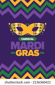 Mardi Gras Carnival in New Orleans. Fat Tuesday. Traditional folk festival with parade and celebration. Annual holiday. Costume masquerade, fun party. Carnival mask. Poster, card, banner. Vector