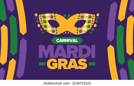 Mardi Gras Carnival in New Orleans. Fat Tuesday. Traditional folk festival with parade and celebration. Annual holiday. Costume masquerade, fun party. Carnival mask. Poster, card, banner. Vector