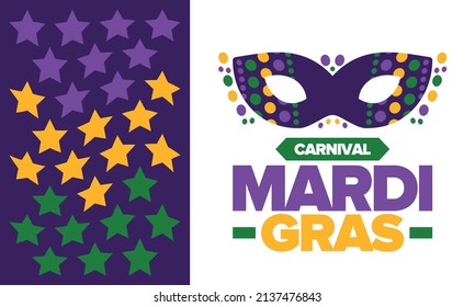 Mardi Gras Carnival in New Orleans. Fat Tuesday. Traditional folk festival with parade and celebration. Annual holiday. Costume masquerade, fun party. Carnival mask. Poster, card, banner. Vector