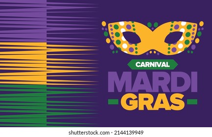Mardi Gras Carnival in New Orleans. Fat Tuesday. Traditional folk festival with parade and celebration. Annual holiday. Costume masquerade, fun party. Carnival mask. Poster, card, banner. Vector