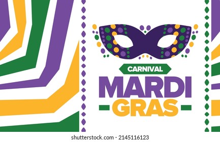 Mardi Gras Carnival in New Orleans. Fat Tuesday. Traditional folk festival with parade and celebration. Annual holiday. Costume masquerade, fun party. Carnival mask. Poster, card, banner. Vector