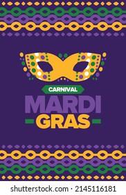 Mardi Gras Carnival in New Orleans. Fat Tuesday. Traditional folk festival with parade and celebration. Annual holiday. Costume masquerade, fun party. Carnival mask. Poster, card, banner. Vector