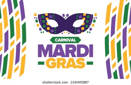 Mardi Gras Carnival in New Orleans. Fat Tuesday. Traditional folk festival with parade and celebration. Annual holiday. Costume masquerade, fun party. Carnival mask. Poster, card, banner. Vector