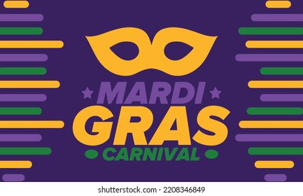 Mardi Gras Carnival in New Orleans. Fat Tuesday. Traditional holiday, celebration annual. Folk festival, costume masquerade, fun party. Carnival mask. Poster, card, banner and background. Vector