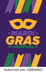 Mardi Gras Karneval in New Orleans. Fett Dienstag. Traditioneller Urlaub, Feiern Sie jährlich. Folklorefestival, Kostümmasquerade, Funchparty. Karnevalsmaske. Poster, Karte, Banner und Hintergrund. Vektorgrafik