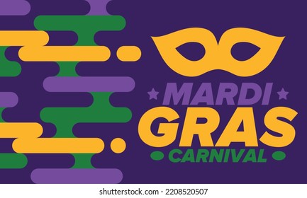 Mardi Gras Carnival in New Orleans. Fat Tuesday. Traditional holiday, celebration annual. Folk festival, costume masquerade, fun party. Carnival mask. Poster, card, banner and background. Vector