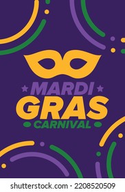 Mardi Gras Carnival in New Orleans. Fat Tuesday. Traditional holiday, celebration annual. Folk festival, costume masquerade, fun party. Carnival mask. Poster, card, banner and background. Vector