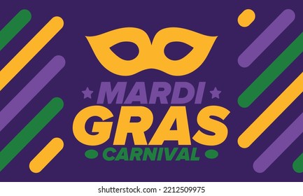 Mardi Gras Carnival in New Orleans. Fat Tuesday. Traditional holiday, celebration annual. Folk festival, costume masquerade, fun party. Carnival mask. Poster, card, banner and background. Vector