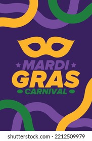 Mardi Gras Carnival in New Orleans. Fat Tuesday. Traditional holiday, celebration annual. Folk festival, costume masquerade, fun party. Carnival mask. Poster, card, banner and background. Vector