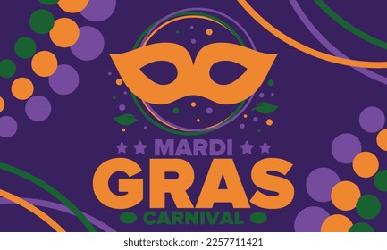 Mardi Gras Carnival in New Orleans. Fat Tuesday. Traditional holiday, celebration annual. Folk festival, costume masquerade, fun party. Carnival mask. Poster, card, banner and background. Vector