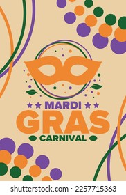 Mardi Gras Carnival in New Orleans. Fat Tuesday. Traditional holiday, celebration annual. Folk festival, costume masquerade, fun party. Carnival mask. Poster, card, banner and background. Vector