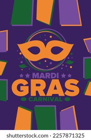 Mardi Gras Carnival in New Orleans. Fat Tuesday. Traditional holiday, celebration annual. Folk festival, costume masquerade, fun party. Carnival mask. Poster, card, banner and background. Vector