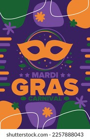 Mardi Gras Carnival in New Orleans. Fat Tuesday. Traditional holiday, celebration annual. Folk festival, costume masquerade, fun party. Carnival mask. Poster, card, banner and background. Vector