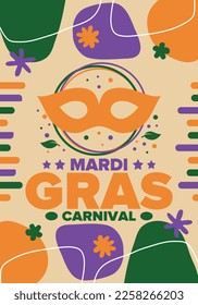 Mardi Gras Carnival in New Orleans. Fat Tuesday. Traditional holiday, celebration annual. Folk festival, costume masquerade, fun party. Carnival mask. Poster, card, banner and background. Vector