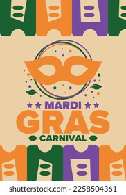 Mardi Gras Carnival in New Orleans. Fat Tuesday. Traditional holiday, celebration annual. Folk festival, costume masquerade, fun party. Carnival mask. Poster, card, banner and background. Vector