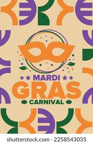 Mardi Gras Carnival in New Orleans. Fat Tuesday. Traditional holiday, celebration annual. Folk festival, costume masquerade, fun party. Carnival mask. Poster, card, banner and background. Vector