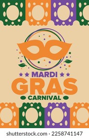 Mardi Gras Carnival in New Orleans. Fat Tuesday. Traditional holiday, celebration annual. Folk festival, costume masquerade, fun party. Carnival mask. Poster, card, banner and background. Vector