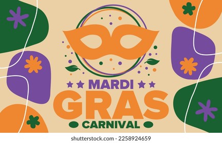 Mardi Gras Carnival in New Orleans. Fat Tuesday. Traditional holiday, celebration annual. Folk festival, costume masquerade, fun party. Carnival mask. Poster, card, banner and background. Vector