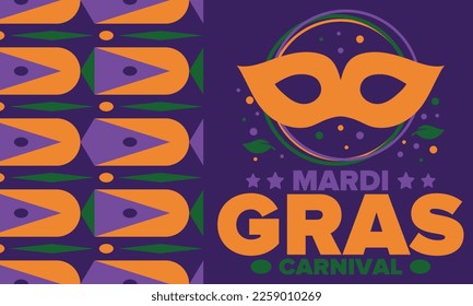 Mardi Gras Carnival in New Orleans. Fat Tuesday. Traditional holiday, celebration annual. Folk festival, costume masquerade, fun party. Carnival mask. Poster, card, banner and background. Vector