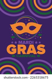 Mardi Gras Carnival in New Orleans. Fat Tuesday. Traditional holiday, celebration annual. Folk festival, costume masquerade, fun party. Carnival mask. Poster, card, banner and background. Vector