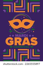 Mardi Gras Carnival in New Orleans. Fat Tuesday. Traditional holiday, celebration annual. Folk festival, costume masquerade, fun party. Carnival mask. Poster, card, banner and background. Vector