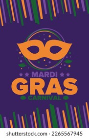 Mardi Gras Carnival in New Orleans. Fat Tuesday. Traditional holiday, celebration annual. Folk festival, costume masquerade, fun party. Carnival mask. Poster, card, banner and background. Vector