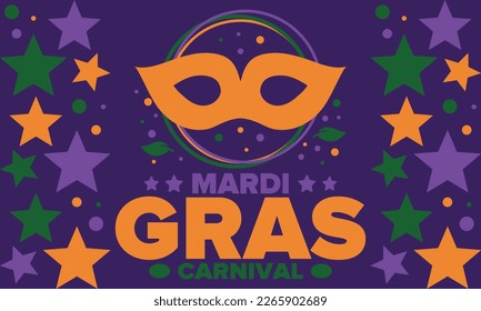 Mardi Gras Carnival in New Orleans. Fat Tuesday. Traditional holiday, celebration annual. Folk festival, costume masquerade, fun party. Carnival mask. Poster, card, banner and background. Vector