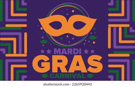 Mardi Gras Carnival in New Orleans. Fat Tuesday. Traditional holiday, celebration annual. Folk festival, costume masquerade, fun party. Carnival mask. Poster, card, banner and background. Vector