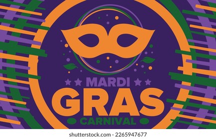 Mardi Gras Carnival in New Orleans. Fat Tuesday. Traditional holiday, celebration annual. Folk festival, costume masquerade, fun party. Carnival mask. Poster, card, banner and background. Vector